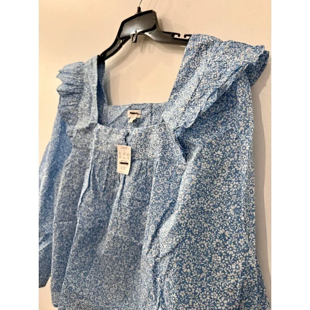 New J Crew Size 2X Square neck ruffle top Blue/White SU23 *Stain* - Picture 13 of 13